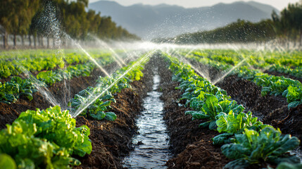 Water jets spray over lush green vegetable crops in an agricultural field modern irrigation system nourishing plants for sustainable farming and food production