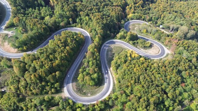 The colors of the tree leaves in the mountains in autumn and the winding, dangerous road. 