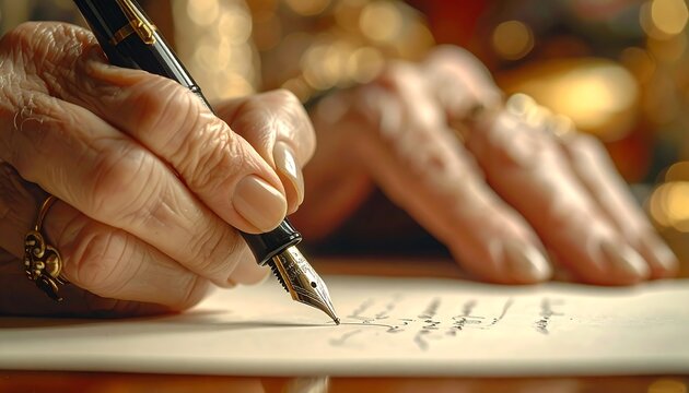 Close-up of elderly hands writing with a vintage fountain pen