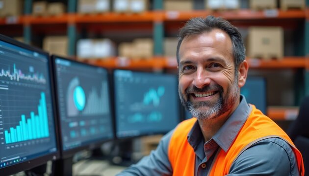Smiling bearded man in orange safety vest works at computer station inside modern warehouse. Monitors multiple screens showing data, charts, graphs for logistics, inventory, supply chain. Manages - Powered by Adobe