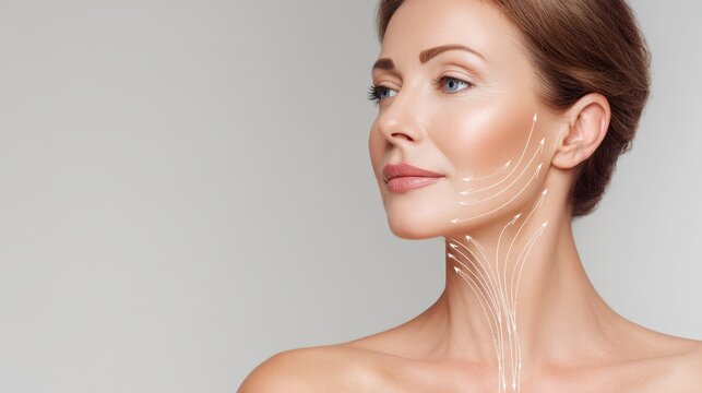 Age defying therapy and facelift Attractive woman s neck with massage lines or lifting indicators