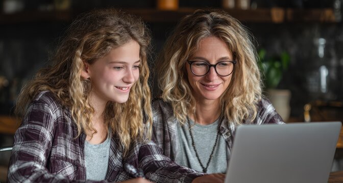 A mother and her teenage daughter are happily studying together at home using a laptop - Powered by Adobe