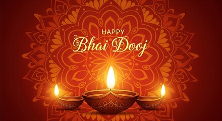 Beautiful Bhai Dooj Greeting Illustration Featuring Glowing Diyas and Intricate Mandala Art Radiant Warm Colors Representing Love Between Siblings Perfect for Festive Posters Cards and Digital Designs