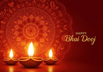 Beautiful Bhai Dooj Greeting Illustration Featuring Glowing Diyas and Intricate Mandala Art Radiant Warm Colors Representing Love Between Siblings Perfect for Festive Posters Cards and Digital Designs