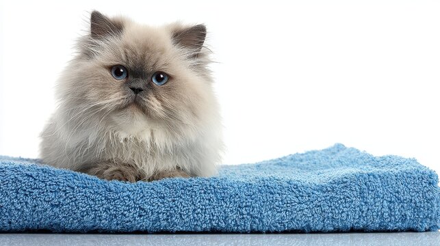 Adorable bathed seal point Persian cat resting on a blue towel against a white backdrop