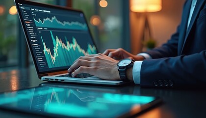 Business pro analyze trading charts on laptop at workplace. Man in suit looking at financial data on computer screen. Investor monitoring stock market trends and investments at office