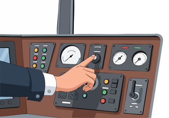 A professional man operates a train's control panel, pressing a 'Check Ease' button. The dashboard displays gauges and controls. Clean, modern illustration.