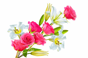  Bouquet of five pink roses, lilies isolated on white background.  Flower card.