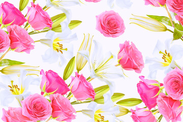 Floral background. White lilies and pink roses.