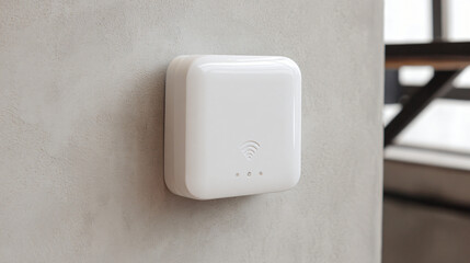 A sleek white Wi-Fi signal booster mounted on a plain interior wall extending your home network coverage and eliminating dead zones for seamless internet connectivity