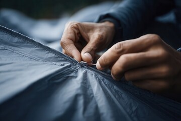 Fototapeta premium Closeup of hikers hands zipping up a tent at night, fabric tension and metallic zipper detail, outdoor camping survival scene, storytelling tone