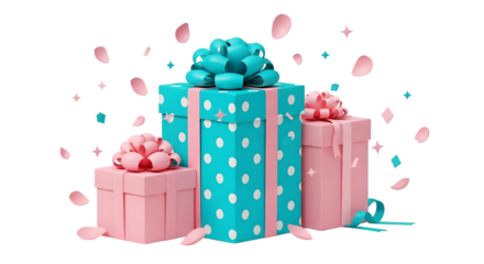 Three gift boxes with bows, one teal with white polka dots and two pink, isolated on transparent background with falling confetti