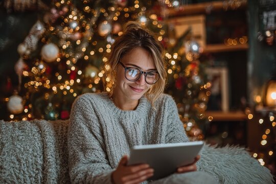 Virtual Christmas celebration Joyful woman video calling loved ones using a tablet by a decorated tree at home during Covid 19