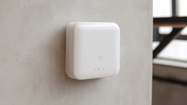 A sleek white Wi-Fi signal booster mounted on a plain interior wall extending your home network coverage and eliminating dead zones for seamless internet connectivity - Powered by Adobe