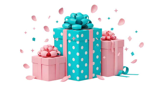 Three gift boxes with bows, one teal with white polka dots and two pink, isolated on transparent background with falling confetti