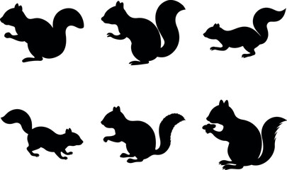 Chipmunk Running Silhouettes, Black Squirrel Poses, Chipmunk Silhouette Vector Illustration,