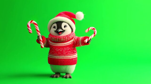 Cute cartoon penguin wearing a red sweater and santa hat, holding candy canes against a vibrant green background for christmas - Powered by Adobe