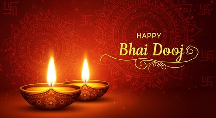 Beautiful Bhai Dooj Greeting Illustration Featuring Glowing Diyas and Intricate Mandala Art Radiant Warm Colors Representing Love Between Siblings Perfect for Festive Posters Cards and Digital Designs