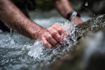 Fototapeta premium Closeup of hikers hands submerged in cold river current, water moving around skin, rugged outdoor trekking exploration detail