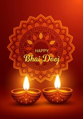 Beautiful Bhai Dooj Greeting Illustration Featuring Glowing Diyas and Intricate Mandala Art Radiant Warm Colors Representing Love Between Siblings Perfect for Festive Posters Cards and Digital Designs