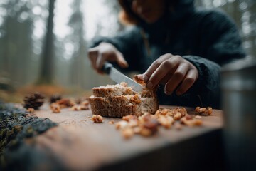 Closeup of hikers hands slicing rustic bread with knife, crumbs falling on wooden surface, outdoor camping food detail
