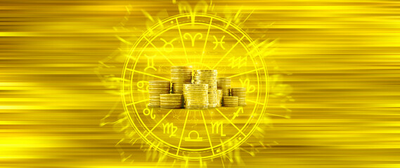 Horoscope with zodiac signs and money coins like astrology and money and astrology and wealth...