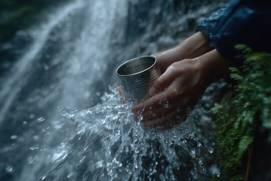 Closeup of hikers hands filling a metallic canteen under waterfall stream, droplets splashing, rugged outdoor survival detail, 4K resolution