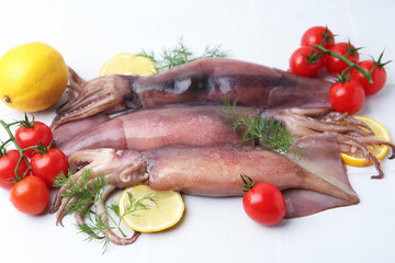 Raw squids, tomatoes, lemon slices and dill on white tiled table