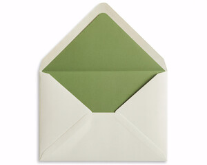 Open cream-colored envelope with vibrant green interior, perfect for elegant wedding invitations, announcements, or sophisticated correspondence