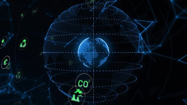 Materializing globe rotating while green icons orbiting, scanning rings highlighting energy network - Powered by Adobe