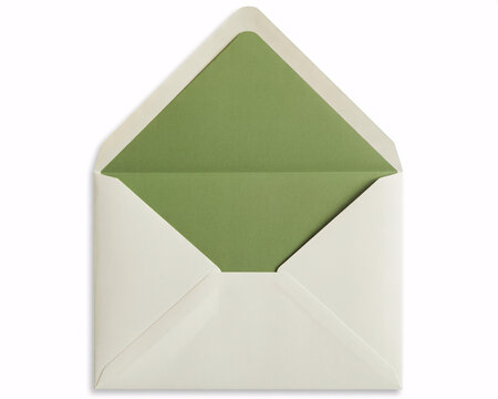 Open cream-colored envelope with vibrant green interior, perfect for elegant wedding invitations, announcements, or sophisticated correspondence