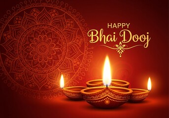 Beautiful Bhai Dooj Greeting Illustration Featuring Glowing Diyas and Intricate Mandala Art Radiant Warm Colors Representing Love Between Siblings Perfect for Festive Posters Cards and Digital Designs