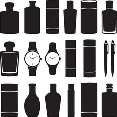 Assorted Silhouette Collection - Perfume, Watch, and Pen Vector Set