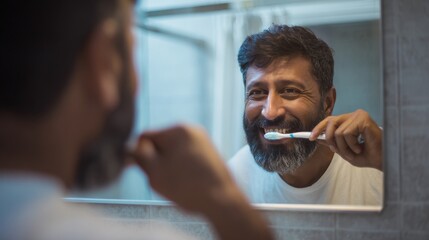 A good looking bearded Indian Gen Z man brushes his teeth in the bathroom mirror maintaining his oral hygiene as part of his morning routine