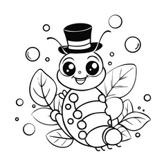 Charming black and white illustration of a cute character with vibrant color accents