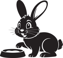 Cute Black Rabbit Illustration with Bowl, Playful Cartoon Animal for Pet-Related Designs