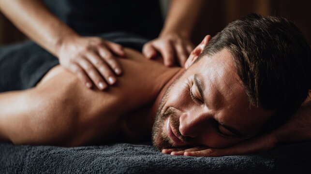 A relaxed young man enjoys a back massage in a spa resting on a table with eyes closed He is happy while receiving a full body treatment from a professional masseuse