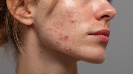 Profile view of a young woman s face showing acne red scars and skin issues Care and beauty focus Dermatology and cosmetology