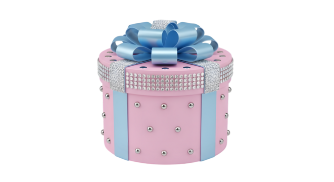 A pretty pink round gift box decorated with blue ribbons and sparkling rhinestones, isolated on transparent background