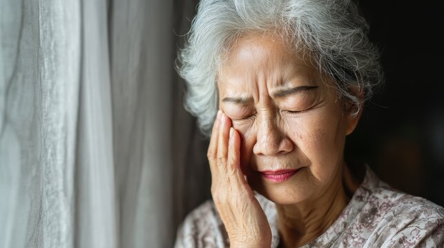 Elderly Asian woman at home experiencing eye strain and discomfort possibly due to a chronic eye condition like glaucoma