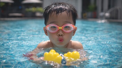 Asian boy in swimwear and goggles uses foam to practice in the pool Healthy child enjoying an active summer break Refreshing and relaxing exercise