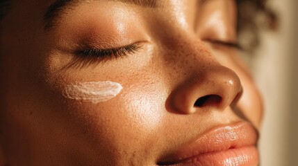 A tranquil woman eyes shut delicately applying cream to her cheeks ideal for endorsing beauty relaxation and self care in wellness campaigns