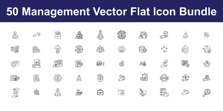 Vector art of management vector flat icon bundle includes icons such as human resource, organization, collaboration, and more perfect for business and project management