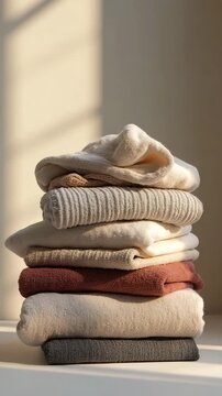 Pile of warm knitted sweaters in neutral colors on a shelf  