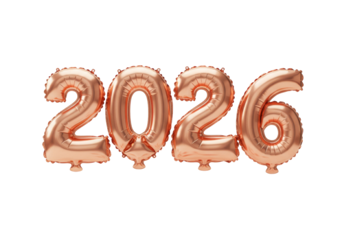 2026 Rose Gold Foil Balloon Numbers Isolated On White Or Transparent New Year Celebration Element