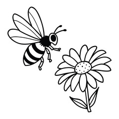 Detailed black and white line art illustration of a bee in flight perfect for nature and insect themes