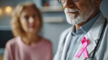 Intimate image of a doctor and patient displaying a breast cancer symbol in a hospital highlighting themes of illness healing and healthcare