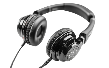 Headphones with attached microphone and translator device highlighting modern communication and language technology isolated on transparent background PNG