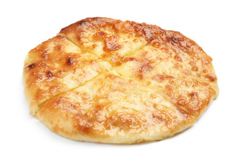 Cut delicious Megrelian khachapuri isolated on white