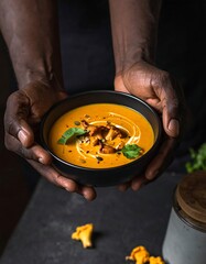 Dark hands cradle a bowl of orange soup. Garnished with herbs. Close up